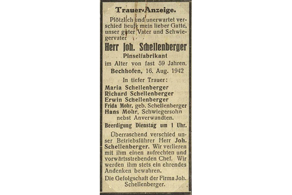 Johann Schellenbergers Todesanzeige